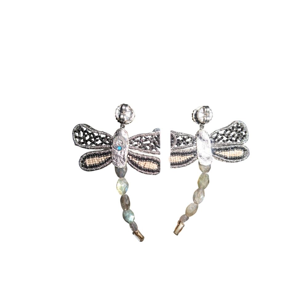 Deepa Gurnani Dragonflies Beaded Statement Earrings Silver Gunmetal Cream OS